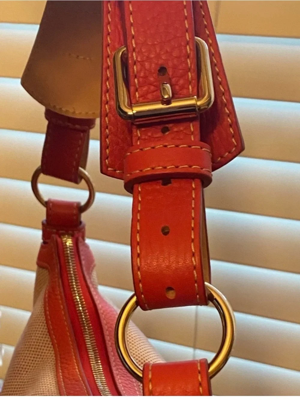 Dooney & Bourke Beige Canvas Shoulder Bag with Orange Leather Trim